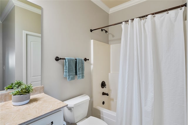 full bathroom with vanity, toilet, shower / bath combo, and crown molding