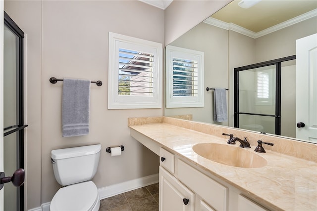 bathroom with an enclosed shower, ornamental molding, vanity, tile patterned flooring, and toilet