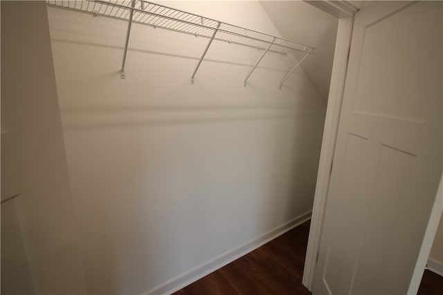 walk in closet with dark hardwood / wood-style floors