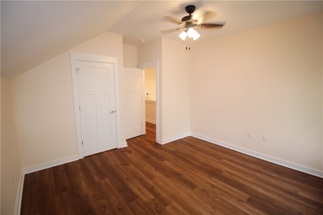 additional living space featuring ceiling fan, dark hardwood / wood-style flooring, and lofted ceiling