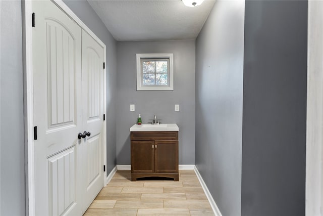 bathroom with vanity, wood-type flooring, and a textured ceiling