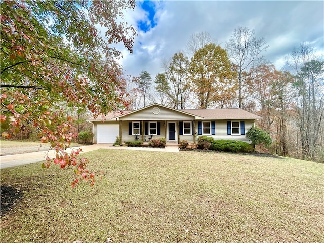 ranch-style house with a front yard, a porch, and a garage