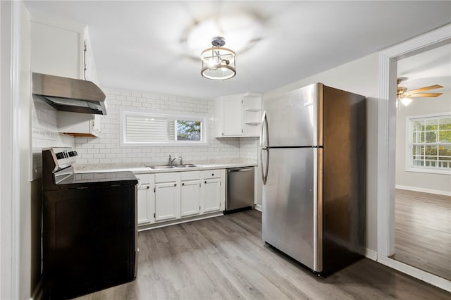 kitchen featuring sink, decorative backsplash, light hardwood / wood-style floors, white cabinetry, and stainless steel appliances