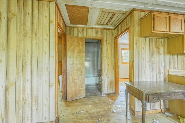 miscellaneous room featuring wood walls and light wood-type flooring