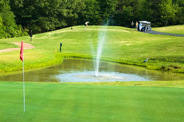 view of community featuring a water view and a lawn