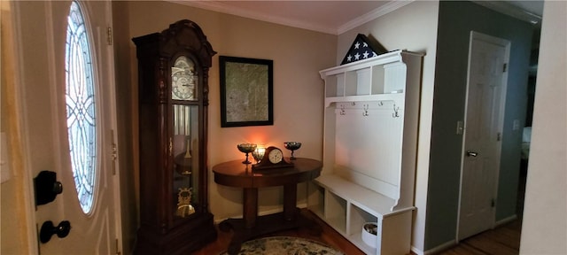 mudroom featuring baseboards, ornamental molding, and dark wood-style flooring