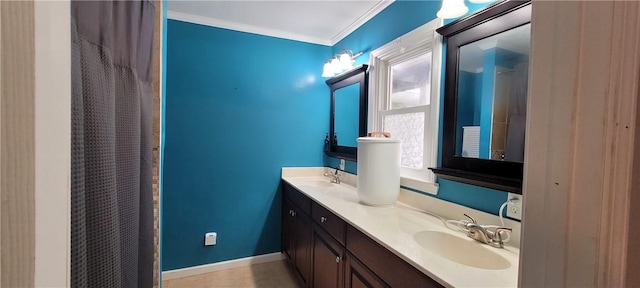 bathroom featuring ornamental molding, a sink, double vanity, and curtained shower