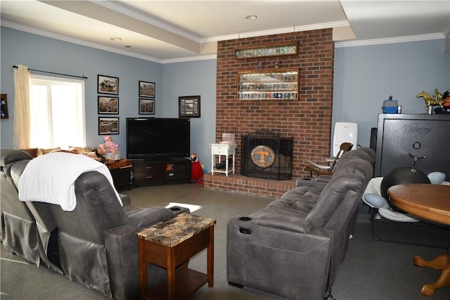 living room featuring carpet flooring, a brick fireplace, and crown molding