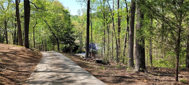 view of property's community featuring a wooded view and concrete driveway