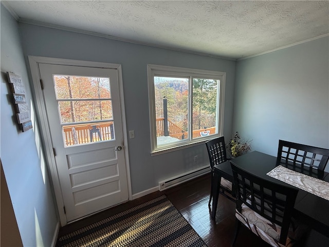 entryway with dark hardwood / wood-style flooring, a textured ceiling, a baseboard radiator, and crown molding