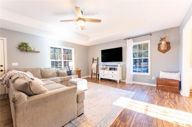 living room with ceiling fan, hardwood / wood-style floors, and a raised ceiling