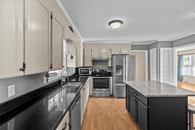 kitchen with light wood-type flooring, stainless steel appliances, crown molding, sink, and a center island