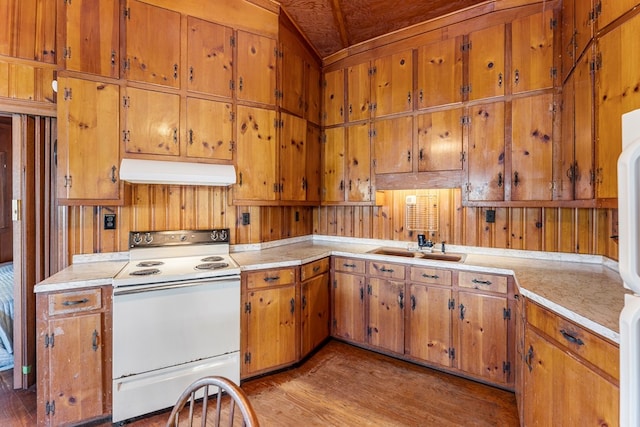 kitchen with white electric range oven, sink, light hardwood / wood-style flooring, and wood walls