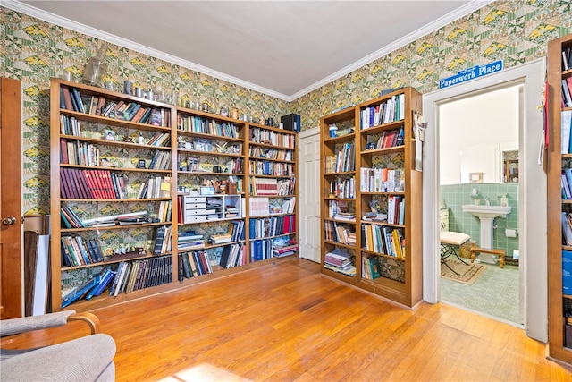 sitting room with hardwood / wood-style flooring, ornamental molding, and sink