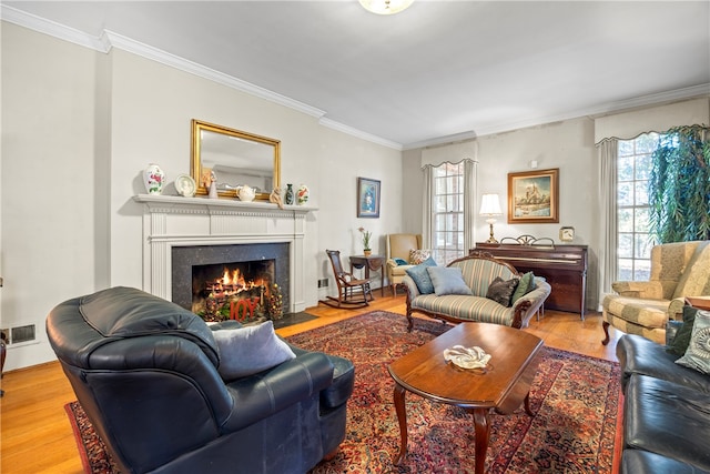 living room with hardwood / wood-style flooring and ornamental molding