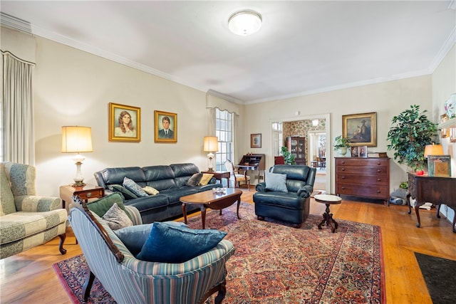 living room featuring crown molding and light hardwood / wood-style flooring