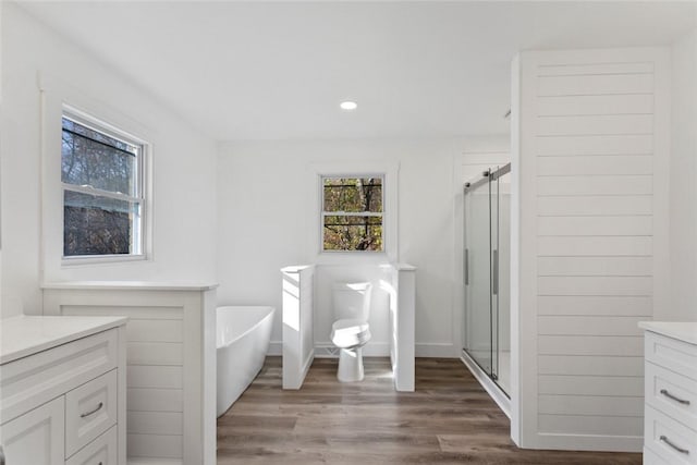 bathroom featuring vanity, wood-type flooring, and shower with separate bathtub