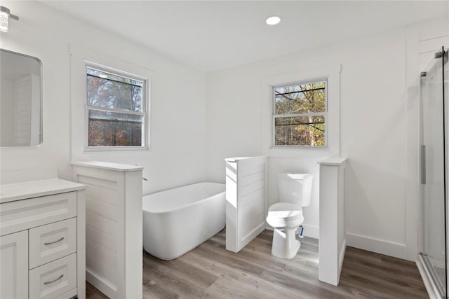 full bathroom with toilet, vanity, independent shower and bath, and hardwood / wood-style flooring