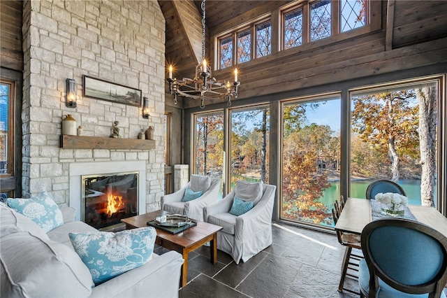 133 Leaping Brook Way, Six Mile, SC 29682 - sunroom featuring a chandelier and lofted ceiling
