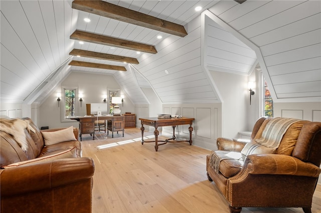 living area featuring vaulted ceiling with beams, light hardwood / wood-style flooring, and wooden ceiling