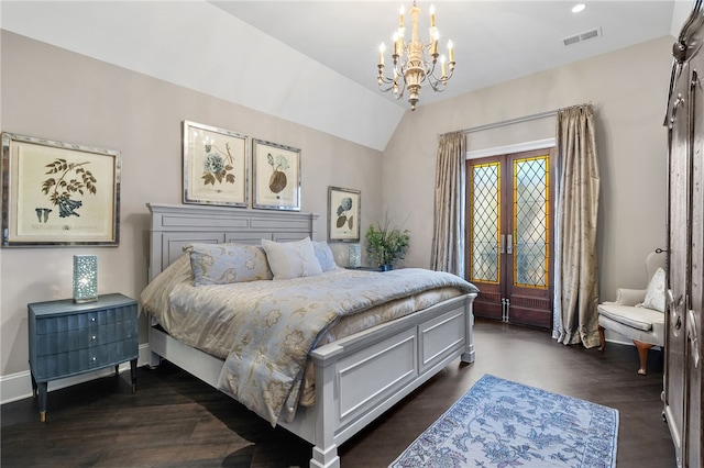 133 Leaping Brook Way, Six Mile, SC 29682 - bedroom with french doors, a chandelier, vaulted ceiling, access to exterior, and dark wood-style floors