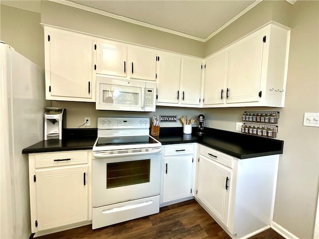 kitchen featuring white cabinets, white appliances, crown molding, and dark wood-type flooring