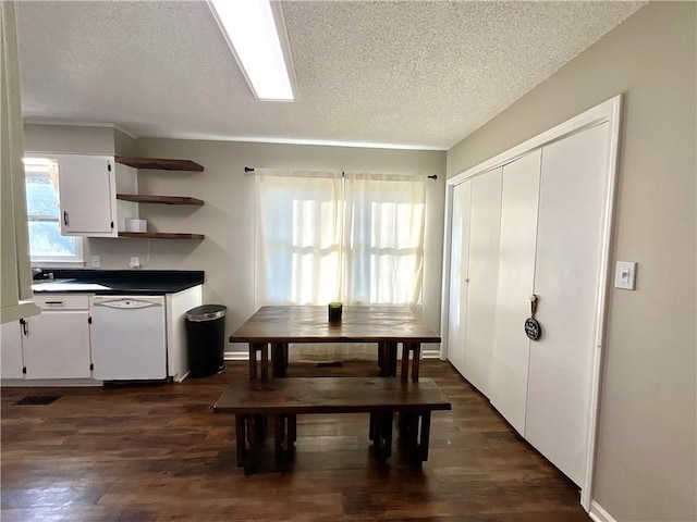 dining space featuring sink, dark wood-type flooring, and a textured ceiling