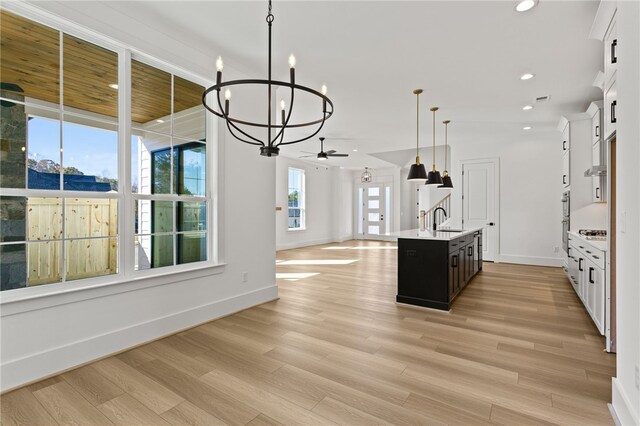 kitchen with plenty of natural light, light wood-type flooring, sink, and a kitchen island with sink