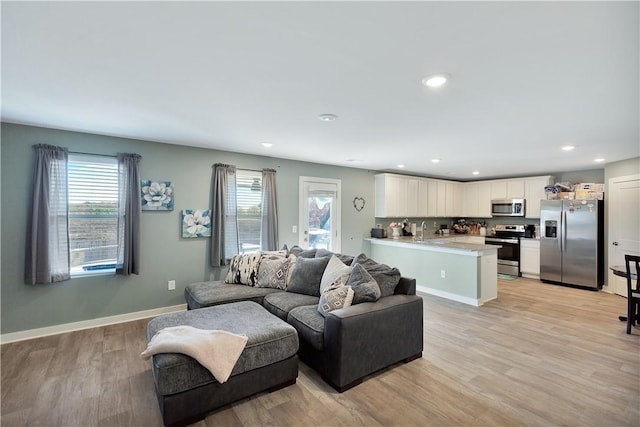 living room featuring light hardwood / wood-style flooring and sink