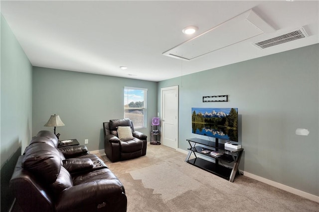 living room with light colored carpet