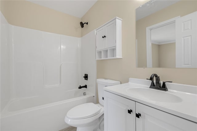 full bathroom featuring shower / tub combination, crown molding, vanity, and toilet