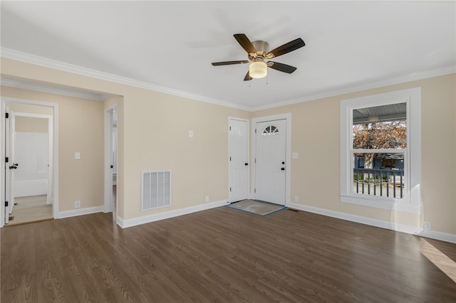 interior space featuring ceiling fan, dark hardwood / wood-style flooring, and ornamental molding