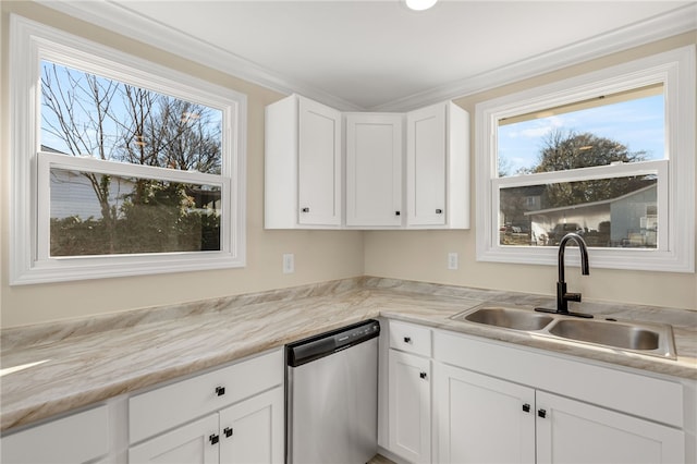 kitchen with dishwasher, light stone counters, white cabinetry, and sink