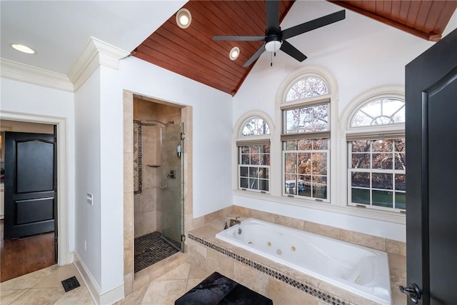 bathroom featuring ceiling fan, separate shower and tub, vaulted ceiling, wood ceiling, and ornamental molding