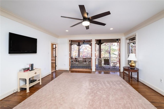 bedroom with ornamental molding, access to outside, and dark wood-type flooring