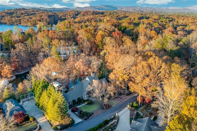 bird's eye view featuring a water and mountain view