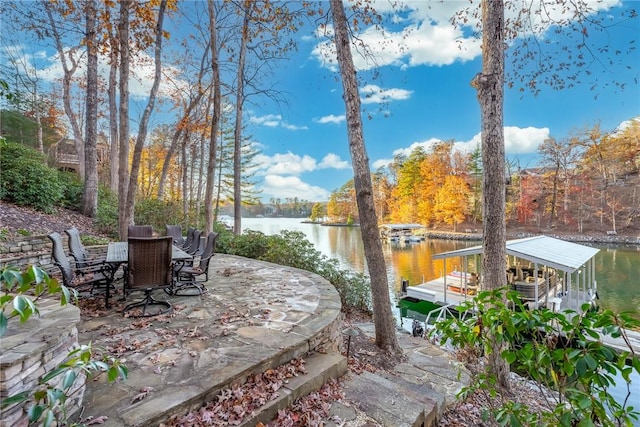 view of patio with a dock and a water view