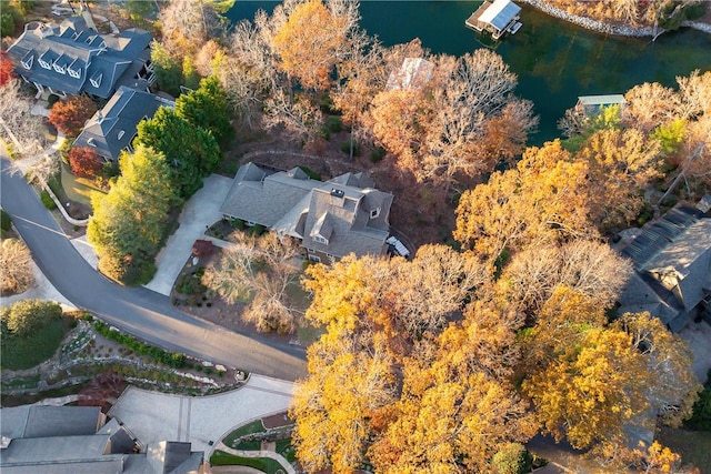 drone / aerial view featuring a water view