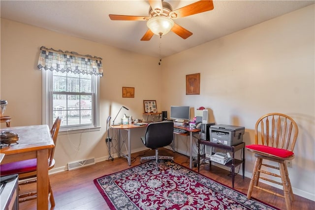 office area with ceiling fan and wood-type flooring