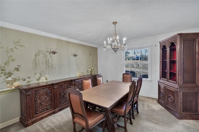 carpeted dining area with a textured ceiling, a notable chandelier, and crown molding