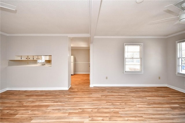 interior space featuring ceiling fan, plenty of natural light, a textured ceiling, and light wood-type flooring