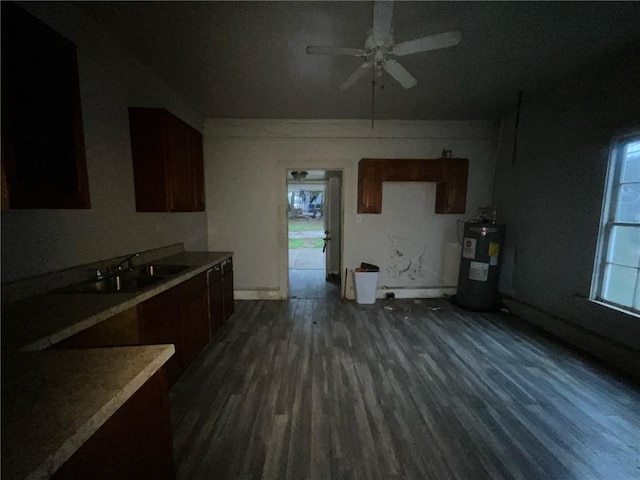 kitchen featuring sink, ceiling fan, dark wood-type flooring, and water heater