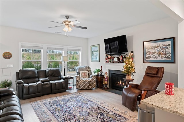 living room with ceiling fan and light hardwood / wood-style floors