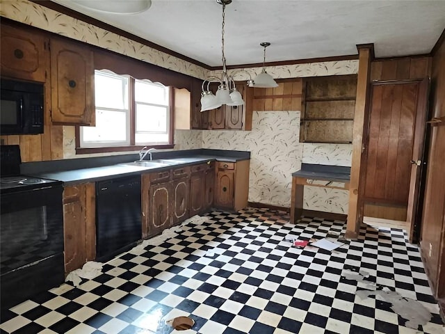 409 Simpson St, Westminster, SC 29693 - kitchen featuring black appliances, tile patterned floors, dark countertops, and decorative light fixtures