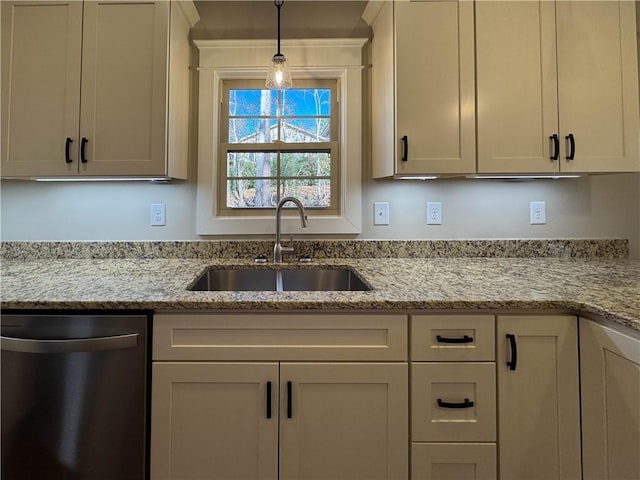 kitchen with light stone countertops, dishwasher, sink, pendant lighting, and white cabinets