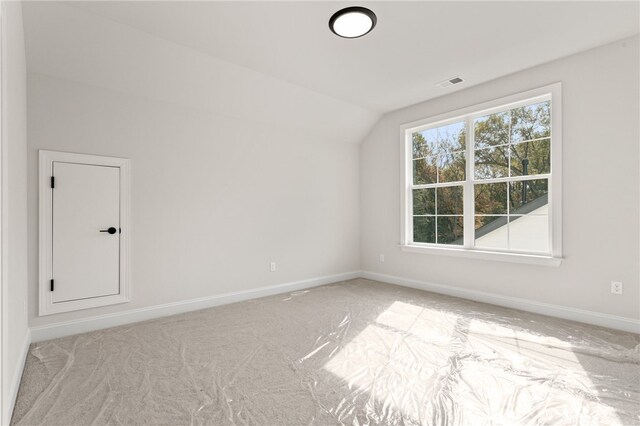 additional living space featuring light colored carpet and lofted ceiling