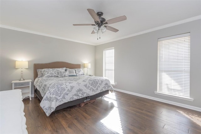 bedroom featuring ceiling fan, ornamental molding, and dark wood-type flooring