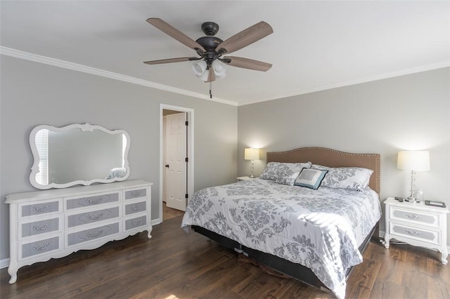 bedroom featuring ceiling fan, dark hardwood / wood-style flooring, and ornamental molding