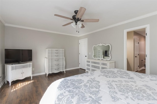 bedroom with ceiling fan, ornamental molding, and dark wood-type flooring