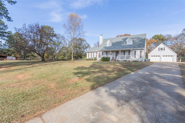 cape cod house with an outbuilding, a front lawn, a porch, and a garage